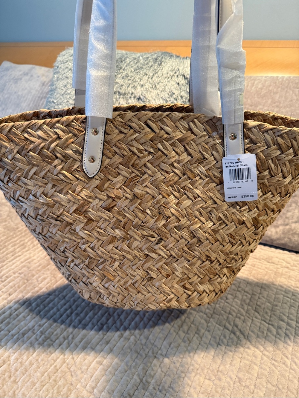COACH Large Straw Basket Tote with Cherry Charm Natural Chalk Leather RARE NWT - Picture 4 of 11